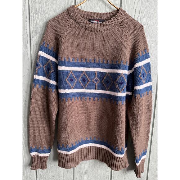 Vintage 90s Jean Michaud Nordic Knit Sweater – Brown/Blue - Picture 1 of 5